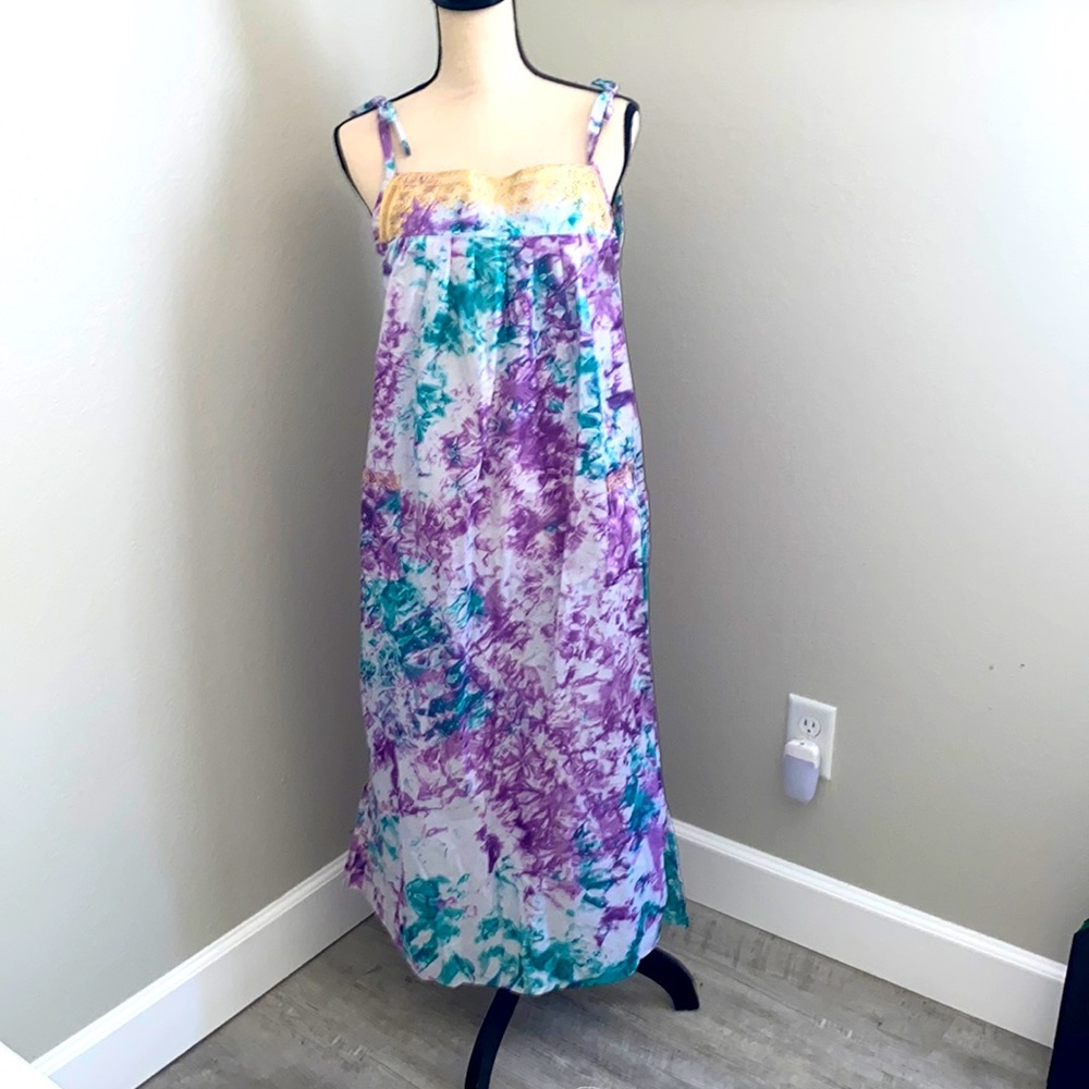 Tie-dyed cotton sundress with gold embroidery